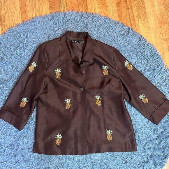 Vintage SilkLand Brown Pineapple Silk Blazer Size L - Picture 1 of 7